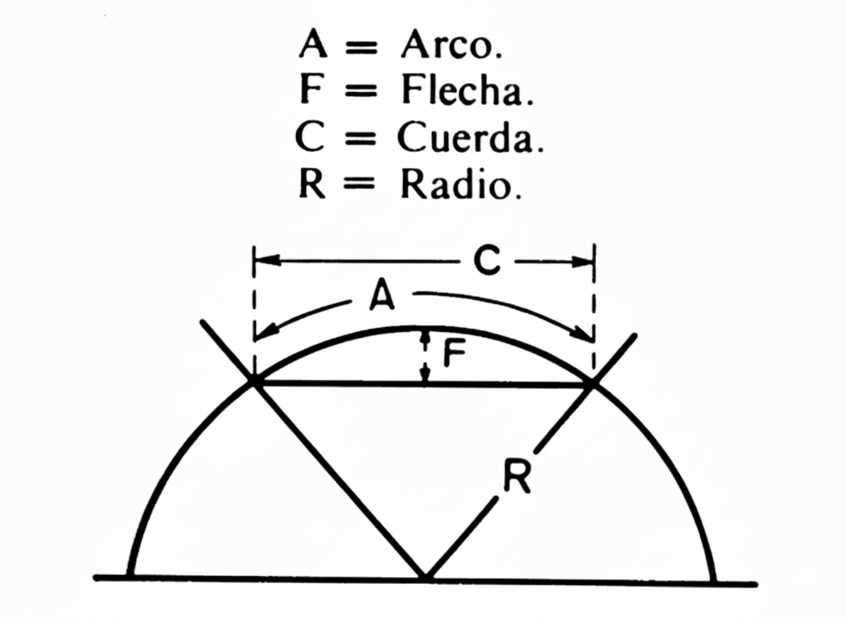 Diagrama: Arco (A), Flecha (F), Cuerda (C), Radio (R)